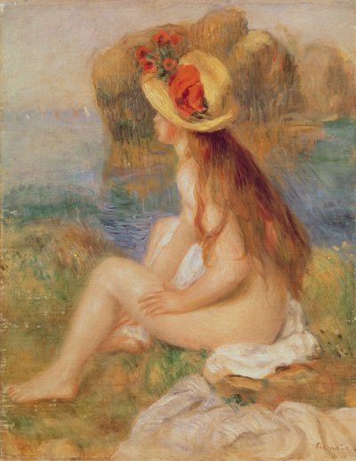 Sitzende weibliche Badende mit Strohhut von Pierre Auguste Renoir